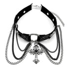 Gothic Cross Leather Choker Necklace — Silver