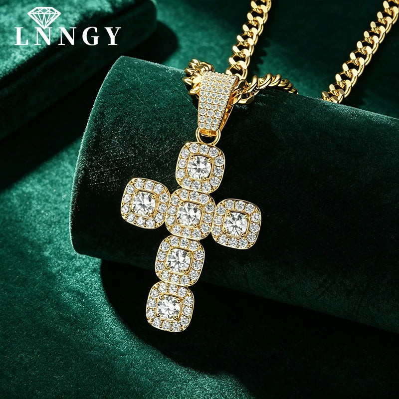 Lnngy 6.0mm Moissanite Necklaces European and American Hip-hop Cross-Shaped Pendant Necklace for Men Jewelry