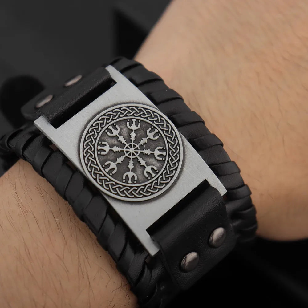 New Retro Wide Leather Nordic Rune of Odi Bracelet Men's Bracelet Celtic Viking Jewelry Bracelet Accessories Party Gifts