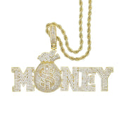 Iced Out Money Bag Pendant Necklace — CZ Pave, Gold-Tone, 60cm