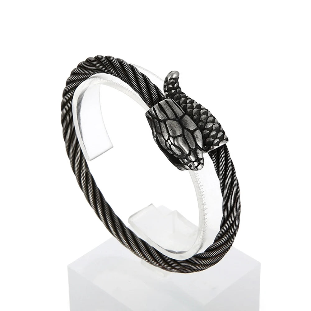 Vintage Nordic Viking Stainless Steel Snake Head Bracelet For Men Boys Rock Hip Hop Animal Bracelets Punk Charm Fashion
