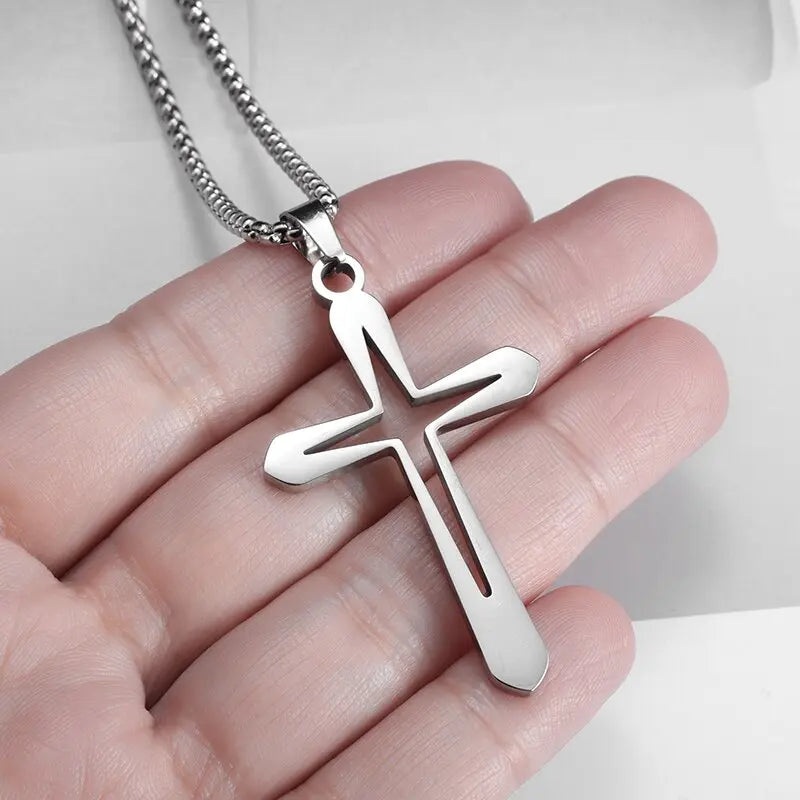 Men\'s Cross Necklace Stainless Steel Silver Color Faith Cross Bible Verse Dog Tag Pendant Necklace Birthday Gifts for