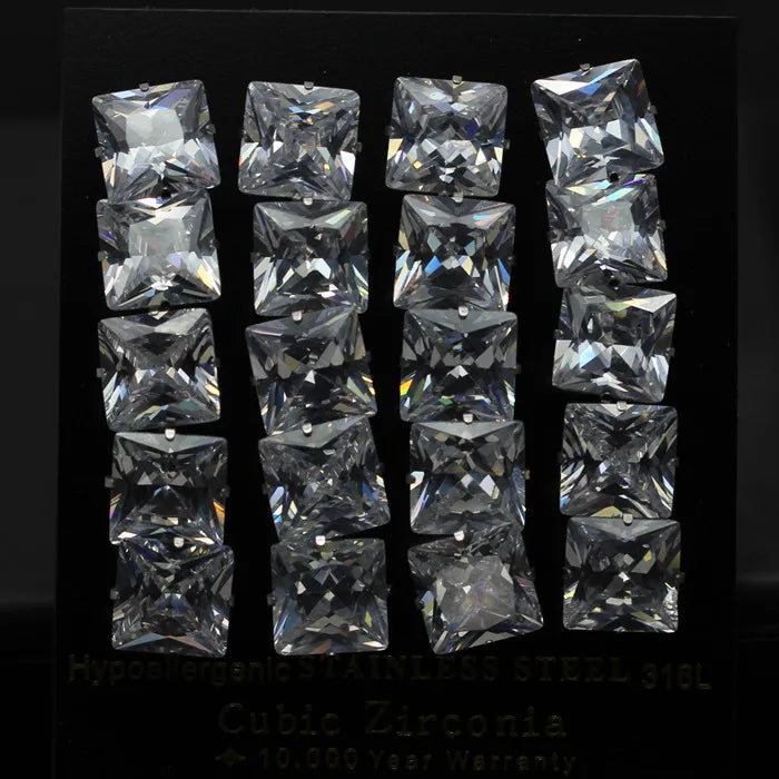 LUXUKISSKIDS Brilliant Square Stud Earrings 10pairs/Lot Novel Clearly Large 3A Cubic Zirconia Stainless Steel Wholesale