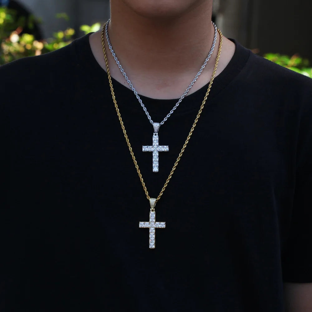 Gold Iced Out Cross Pendant Rope Cuban Chain