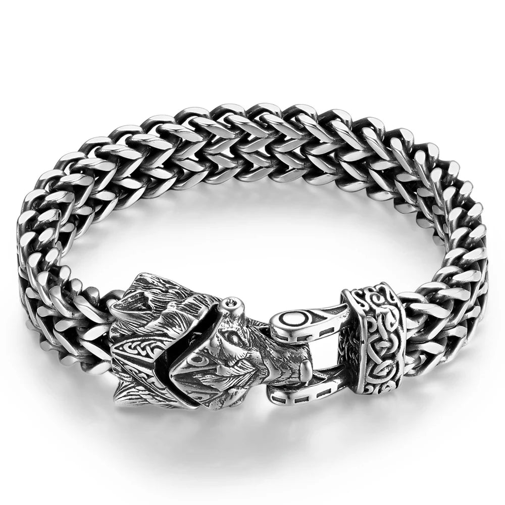 Nordic Viking Jewelry Punk Wolf Dog Snake Eagle Head With Double Mesh Link Chain Man Bracelet for Mn 19/21/23CM Long