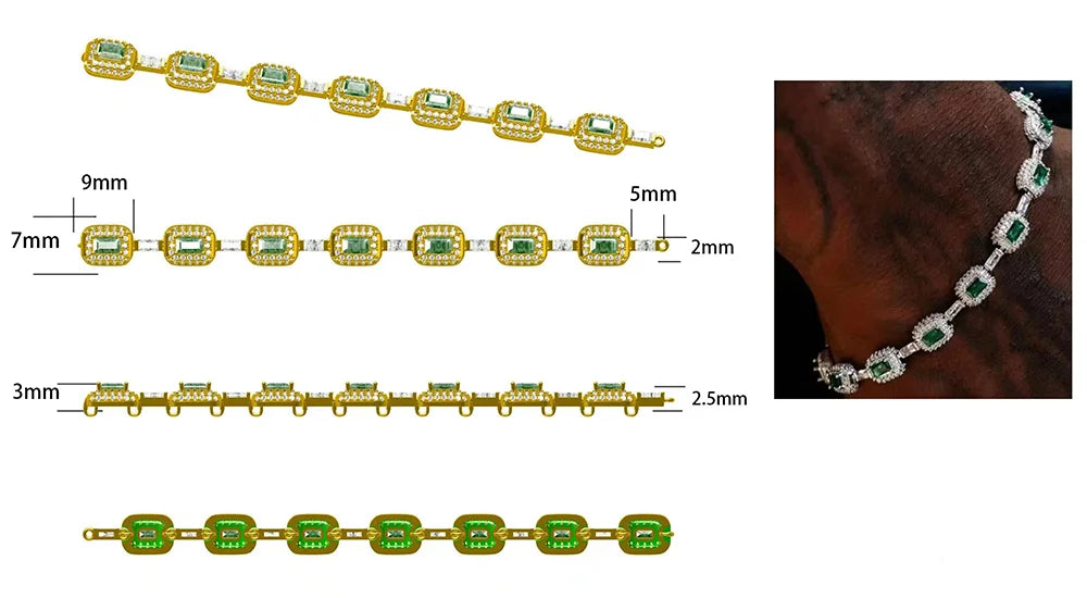 Gold Baguette Bracelet Iced Out Emerald Cushion