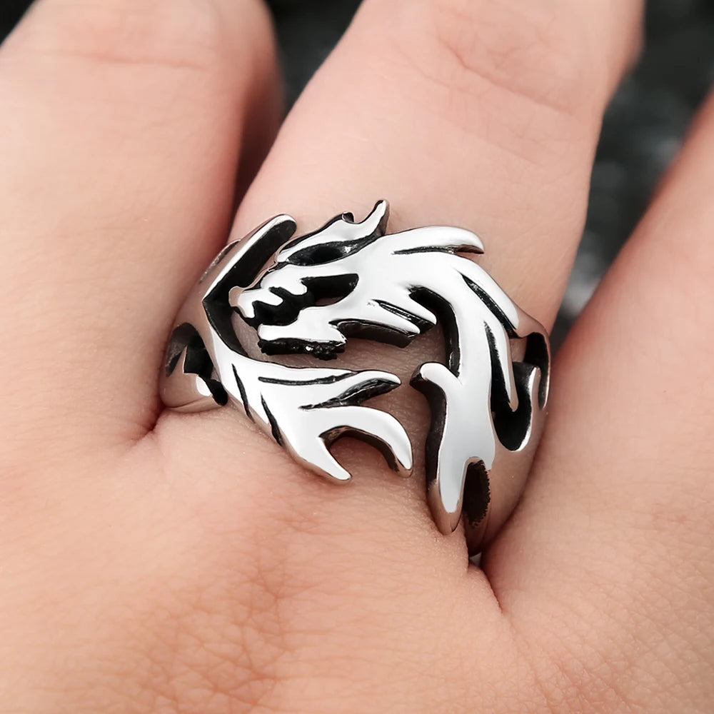 Fashion Punk Stainless Steel Fire Dragon Rings For Men Women Hip Hop Biker Vintage Vikings Animal Ring Amulet Jewelry