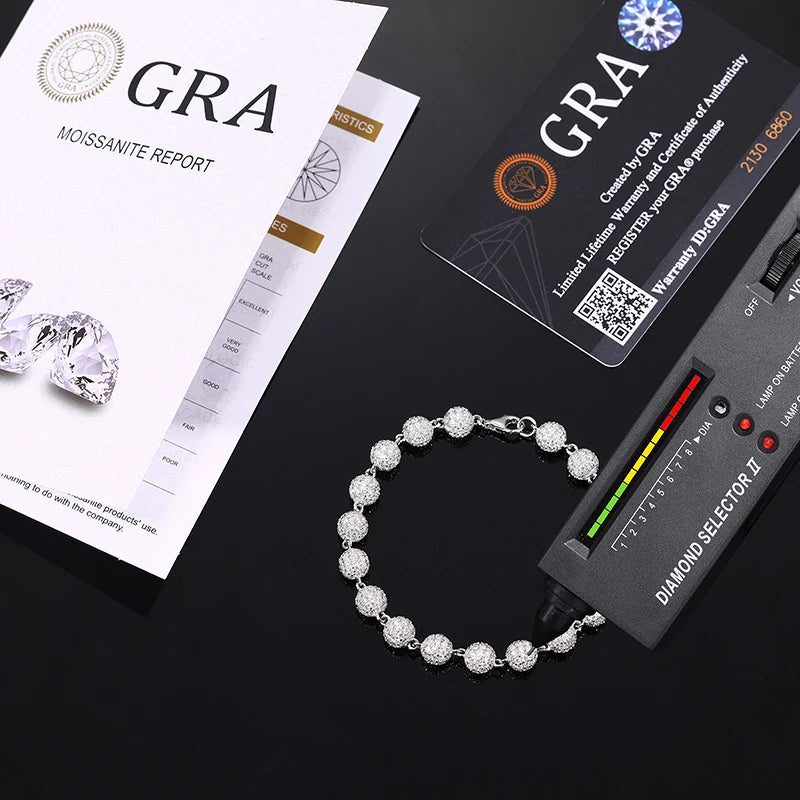 Silver and Moissanite Beads Link Chain Bracelets Women Men Hip Hop Bling Ice Out Rapper Jewelry