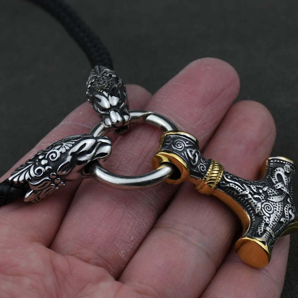 Men stainless steel Wolf head norse viking amulet thor hammer pendant necklace leather chain