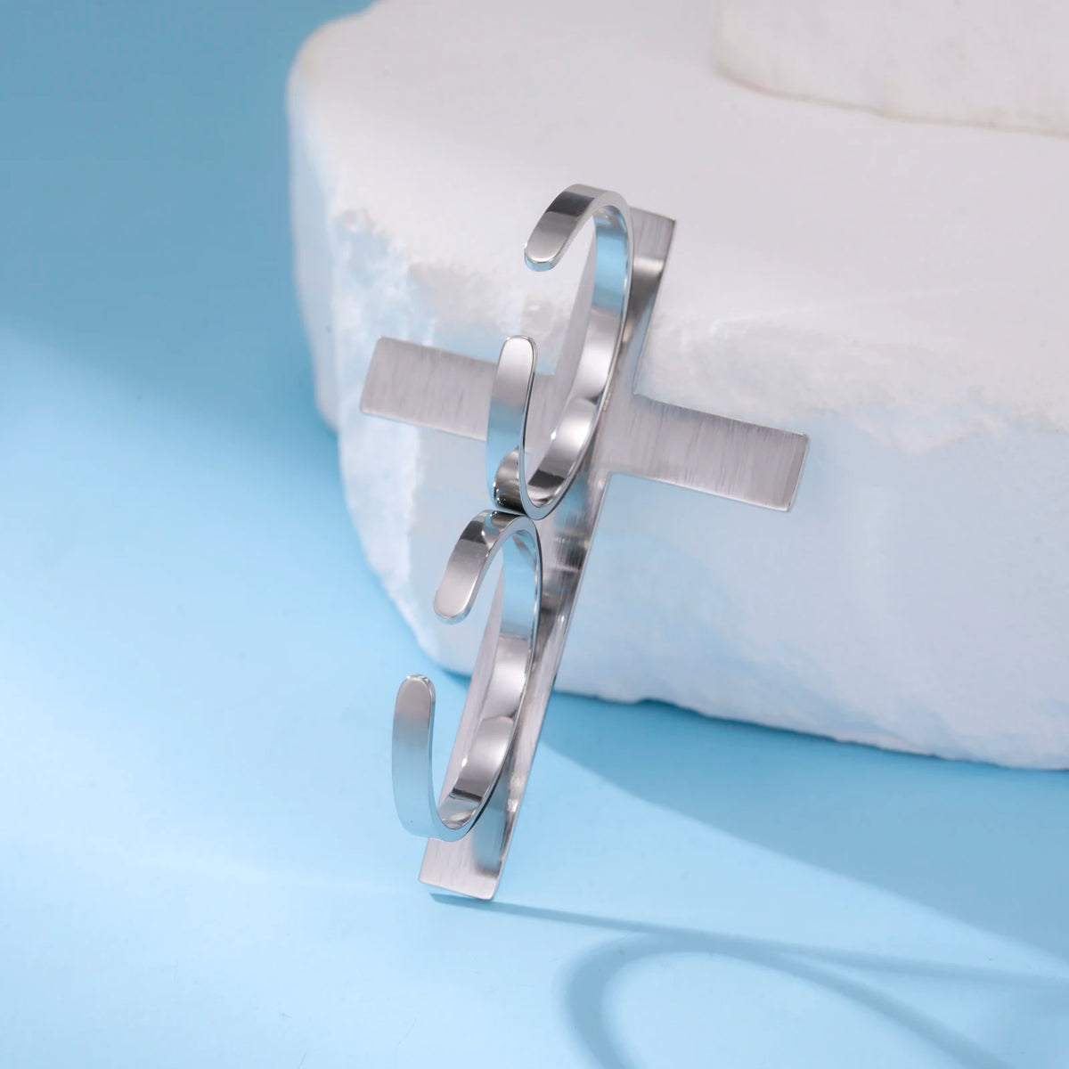 Big Cross Open Ring Two Finger Gothic Christian — Stainless Steel