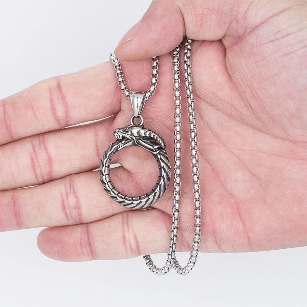 Silver Dragon Circle Pendant Necklace Stainless