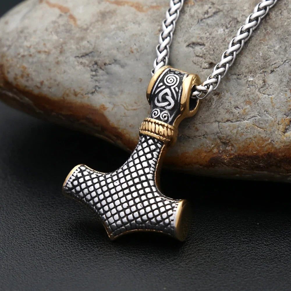 Vintage Stainless Steel Viking Thor's Hammer Pendant Necklace For Men Nordic Celtic Knot Necklace Fashion Jewelry Gift