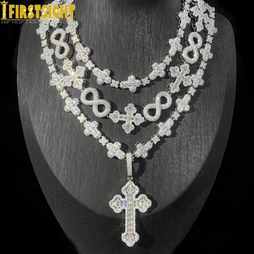 Iced Out Infinity Cross Necklace for Men Women Silver Color Prong Setting Cubic Zirconia Charm Star Link Chain Hip Hop