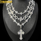 Iced Out Infinity Cross Necklace for Men Women Silver Color Prong Setting Cubic Zirconia Charm Star Link Chain Hip Hop