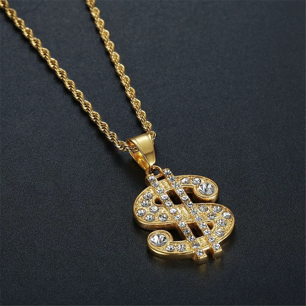 Hip Hop Iced Out Bling Dollar Sign Pendant Gold Color Stainless Steel Rapper Money Necklace For Men Women Hippie Jewelry Gift