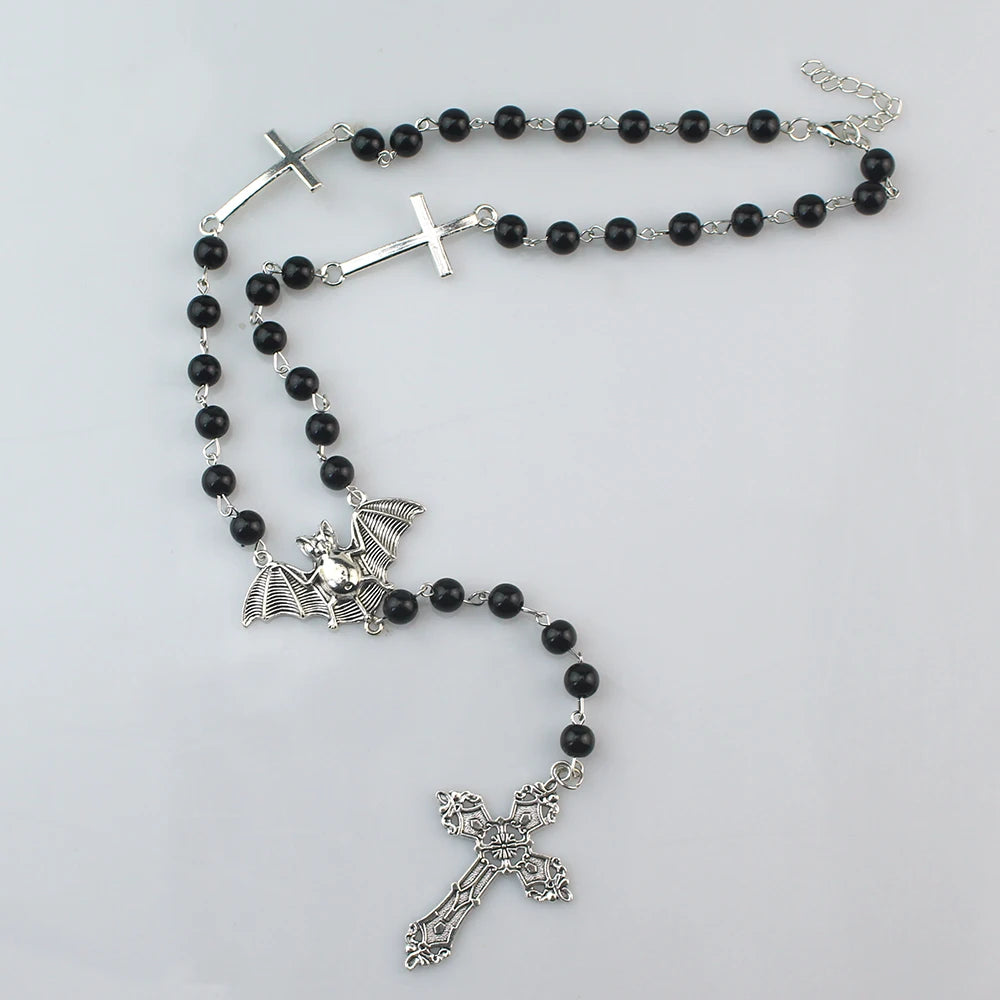 Emo Vampire Ankh Rosary Occult Vamp BeEmo Vampire Ankh Rosary Occult Vamp Bead Necklace Goth Punk Bat Cross Pendant