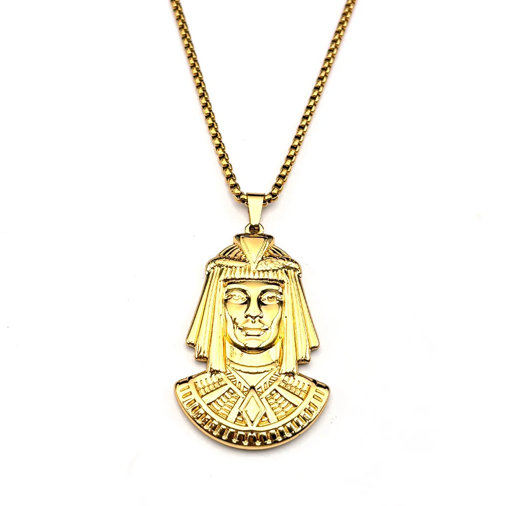 Egyptian Pharaoh Head Pendant Necklace — Gold-Tone Steel