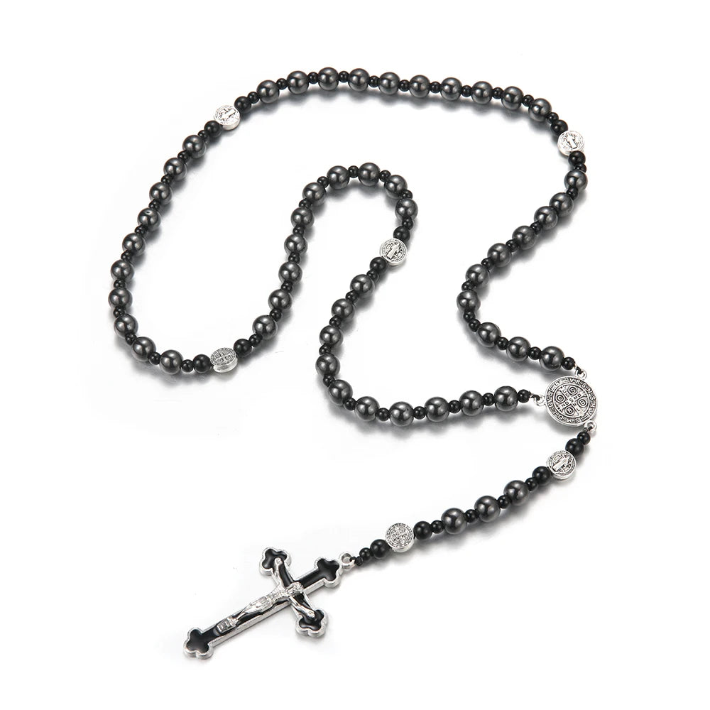 Fashion Classic Black Hematite Round Beads St. Benedict Cross Pendant Necklace for Men and Women