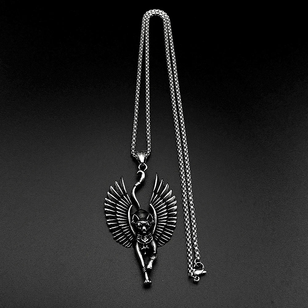Vintage Egyptian Winged Cat Goddess Bastet Pendant Necklace Stainless Steel Silver Color Ancient Egypt Chain Necklaces