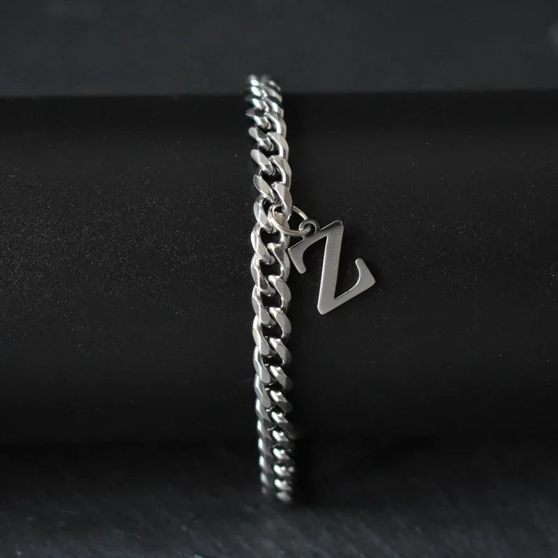 A-Z Initial Letter Cuban Chain Bracelet — Stainless Steel