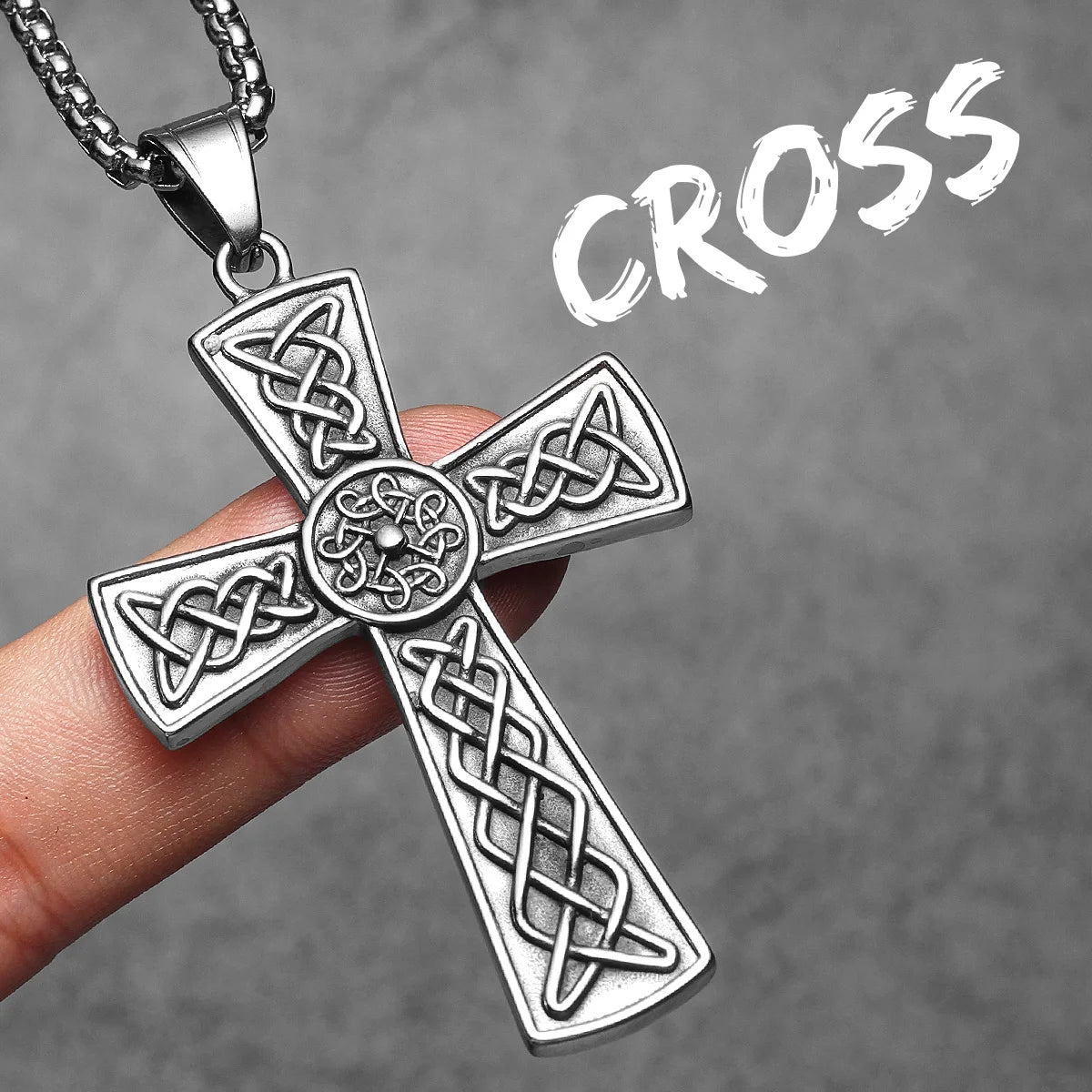 Carved Cross Pendant Necklace — Stainless Steel