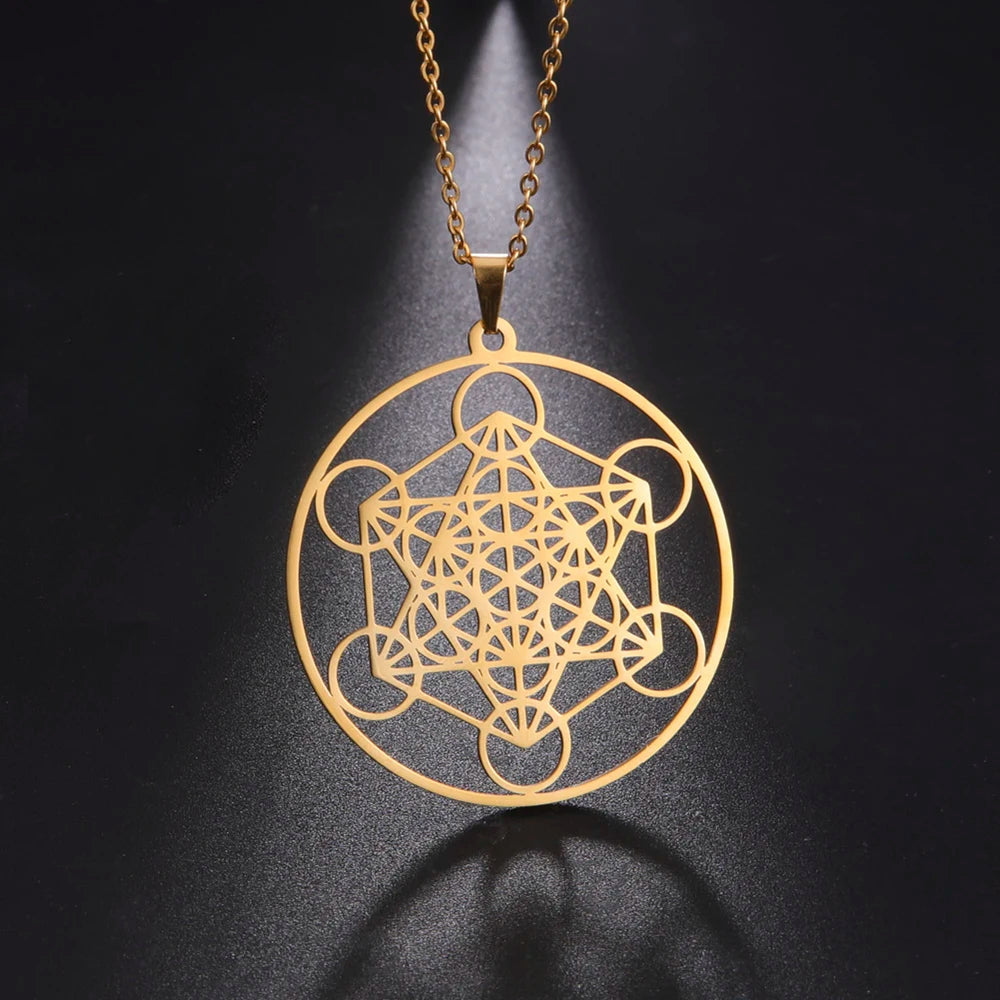 LIKGREAT Angel Seal Archangel Metatron Cube Necklace for Men Women Geometry Stainless Steel Pendants Amulet Spiritual