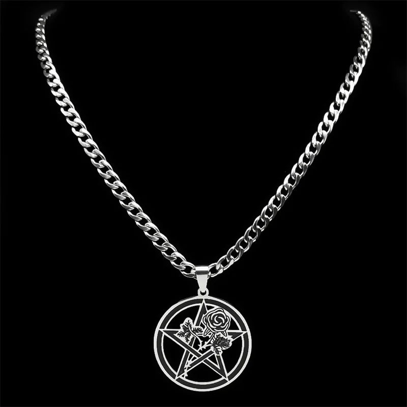 Black Rose Pentagram Pendant — Silver
