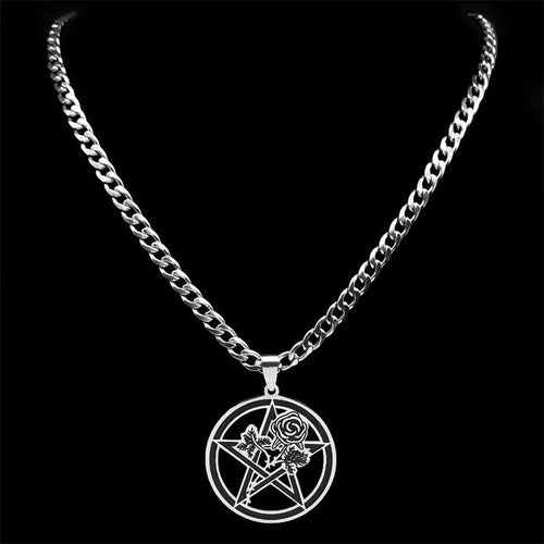 Black Rose Pentagram Pendant — Silver