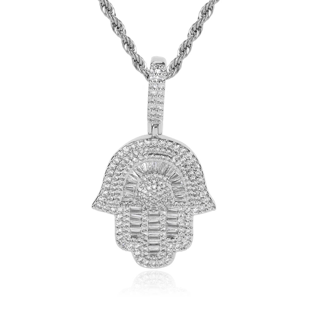 Iced Out Hamsa Pendant Necklace Stainless Steel
