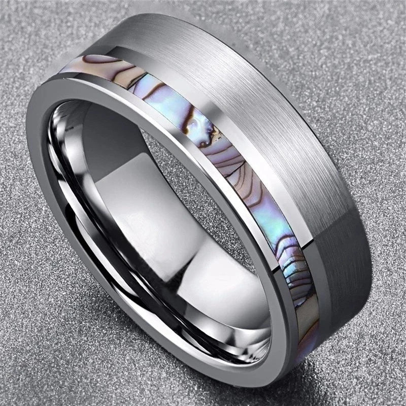 Fashion 8mm Silver Color Men Stainless Steel Ring Inlay Colorful Abalone Shell Rings For Men Women Wedding Band Jewelry Gifts
