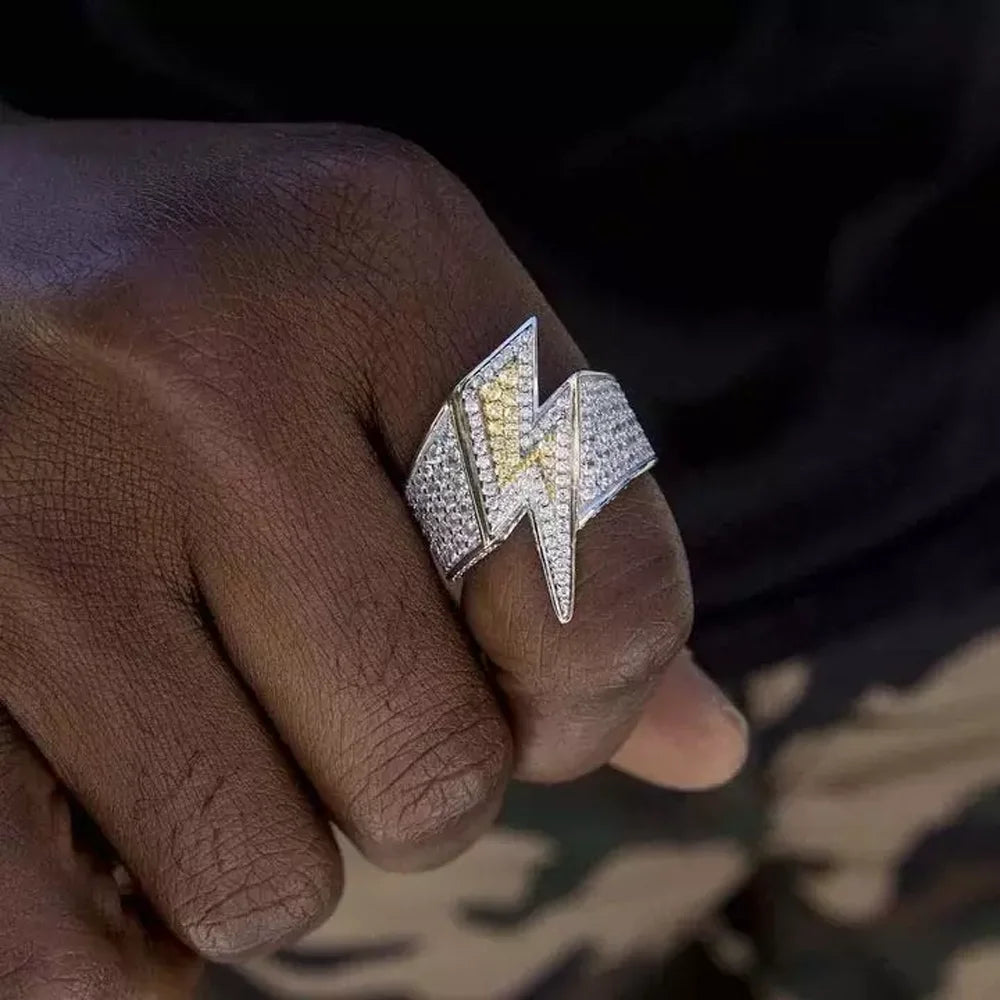 Iced Out Lightning Bolt Ring Cubic Zirconia — Two-Tone