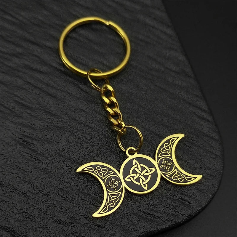Viking Steel Ring Wiccan Triple Moon Goddess Key