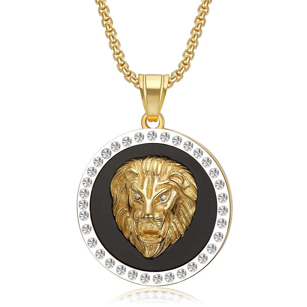 Iced Out Lion Head Round Pendant — Gold