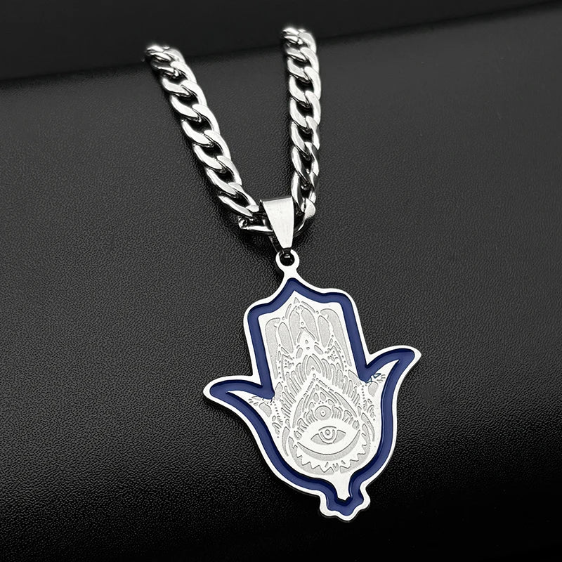 Hamsa Evil Eye Pendant Necklace — Silver