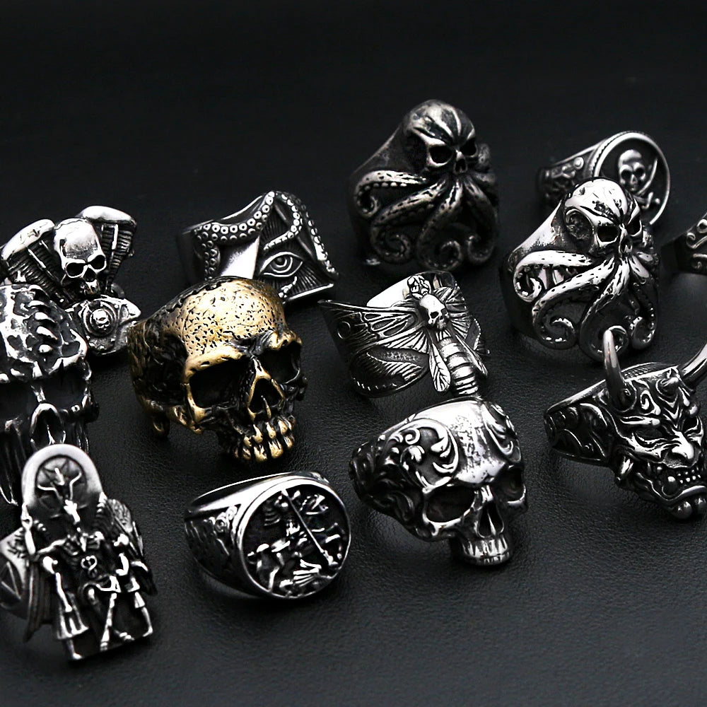 Fashion Punk Vintage Skull Ring Stainless Steel Gothic Biker Ring For Men Women Unique Viking Amulet Jewelry Gift