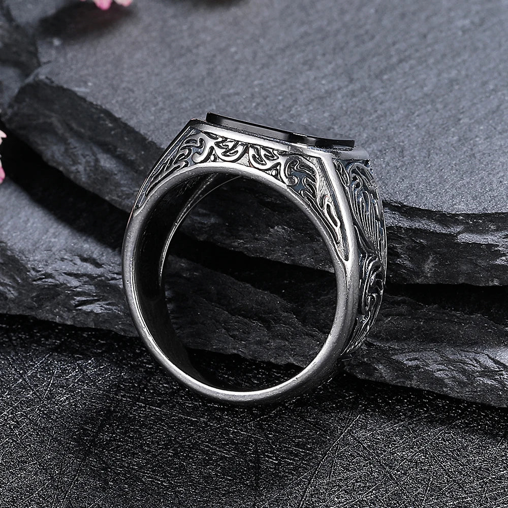 Masculine Black Agate Ring 12x14mm, Mens Vintage Sterling Silver Fine Jewelry, Wedding Band Gift for Him