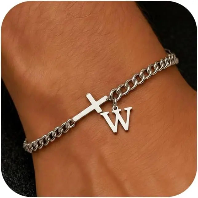 Men Cross Cuban Chain Bracelets for Men Initial A-Z Faith Cross Bracelets, Stainless Steel Initial Bracelet Religious