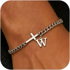 Men Cross Cuban Chain Bracelets for Men Initial A-Z Faith Cross Bracelets, Stainless Steel Initial Bracelet Religious Jewelry
