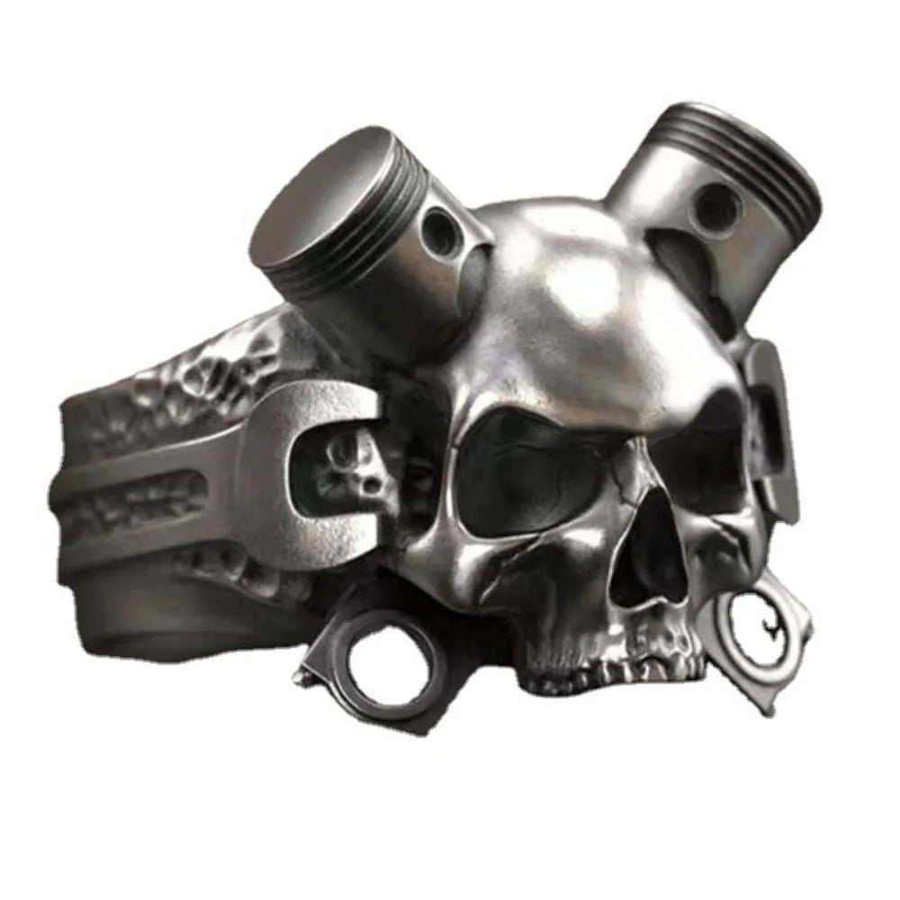 Steampunk Wrench Skull Ring — Gothic Statement