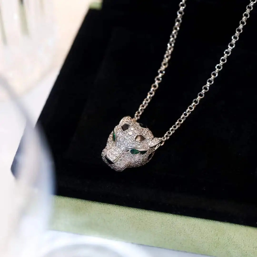 Luxury 18K Solid Platinum PT950 certifid full diamond leopard head necklace 24K real gold emerald gemstone cheetah