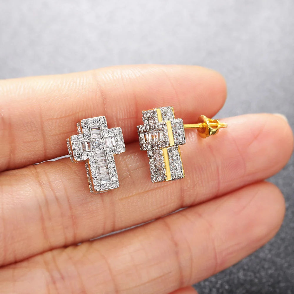 Iced Out Cross Stud Earrings — Gold