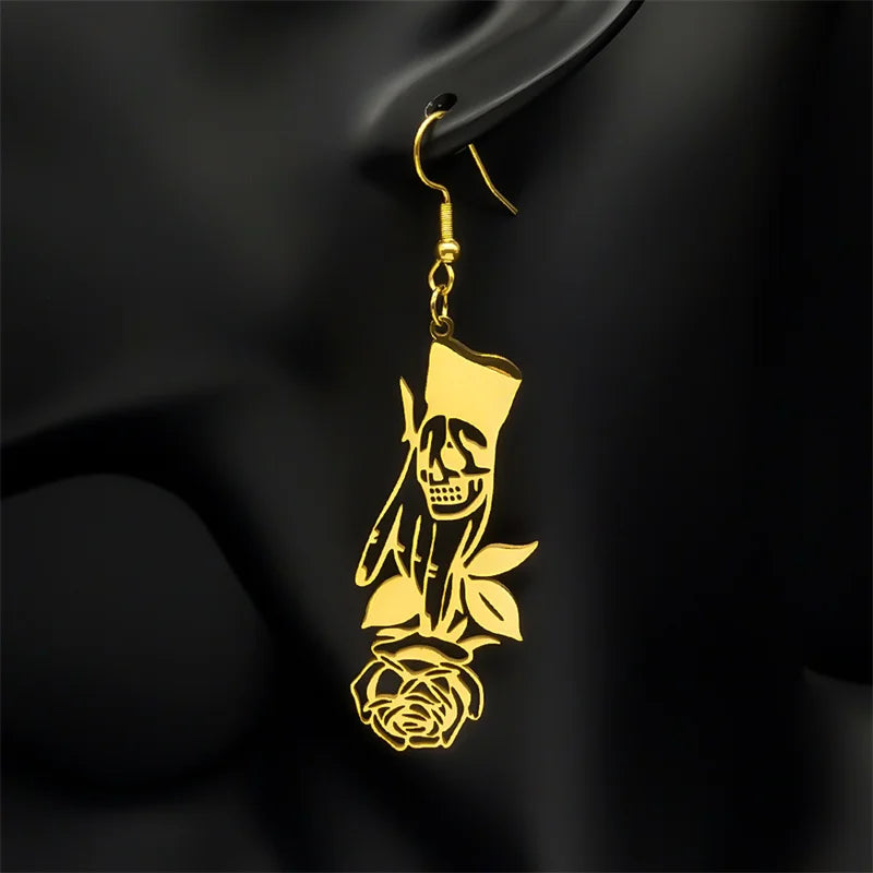 Gothic Skull Gold Earrings Vintage Rose Flower