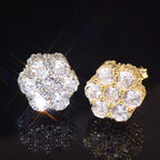 Hip Hop Claw Setting 5A+ Cubic Zirconia Bling Ice Out Stud Earring Male Flower CZ Earrings for Men Rapper Jewelry Gold