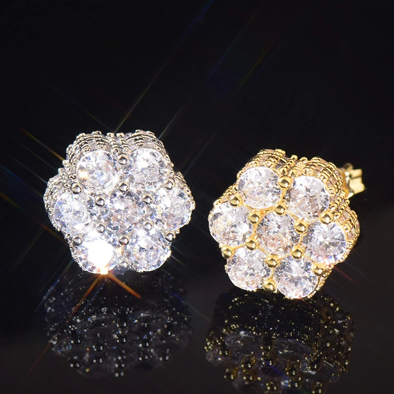Hip Hop Claw Setting 5A+ Cubic Zirconia Bling Ice Out Stud Earring Male Flower CZ Earrings for Men Rapper Jewelry Gold