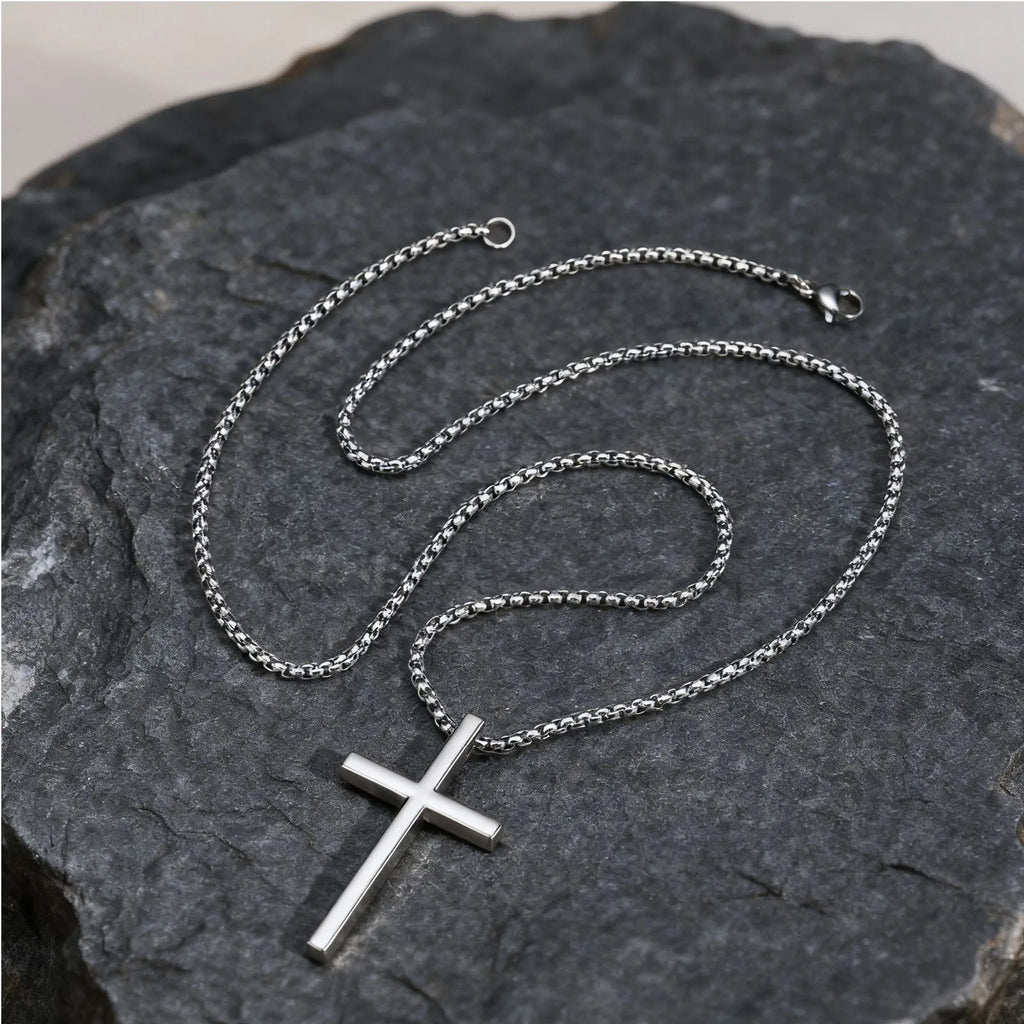Stainless Steel Cross Necklace for Men Boys,Silver Color Plain Cross Pendant Collar,Hiphop Classic Punk Jewelry Gift