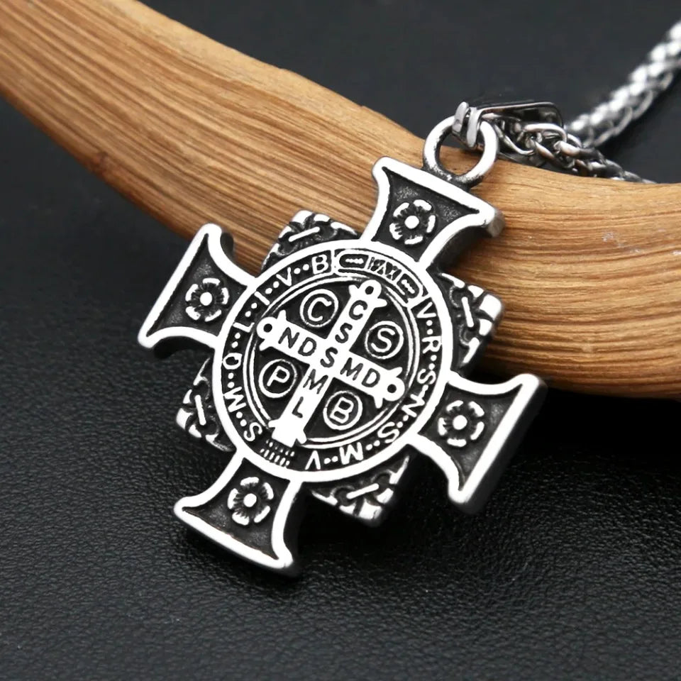 Vintage Stainless Steel Saint Benedict Exorcist Pendant Necklaces For Men Women Fashion Religious Amulet Jewelry