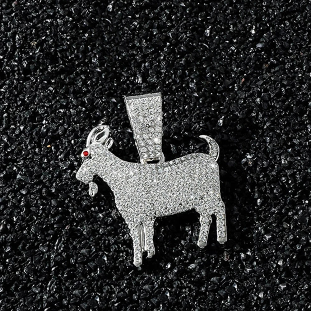 Men Hip Hop Fashion Full Rhinestone Animal Goat Pendant Necklace with 13mm Miami Cuban Chain Necklaces Rapper Rock