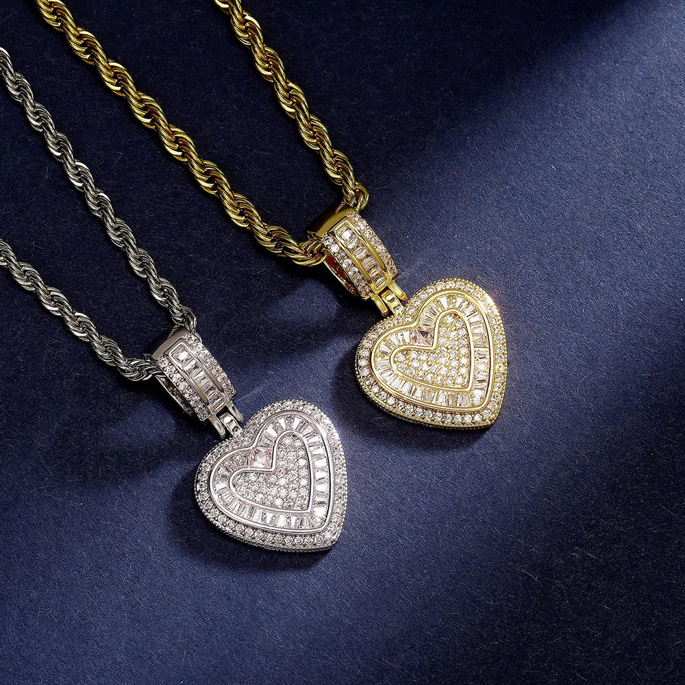 Gold Iced Out Heart Pendant Rope Chain Necklace