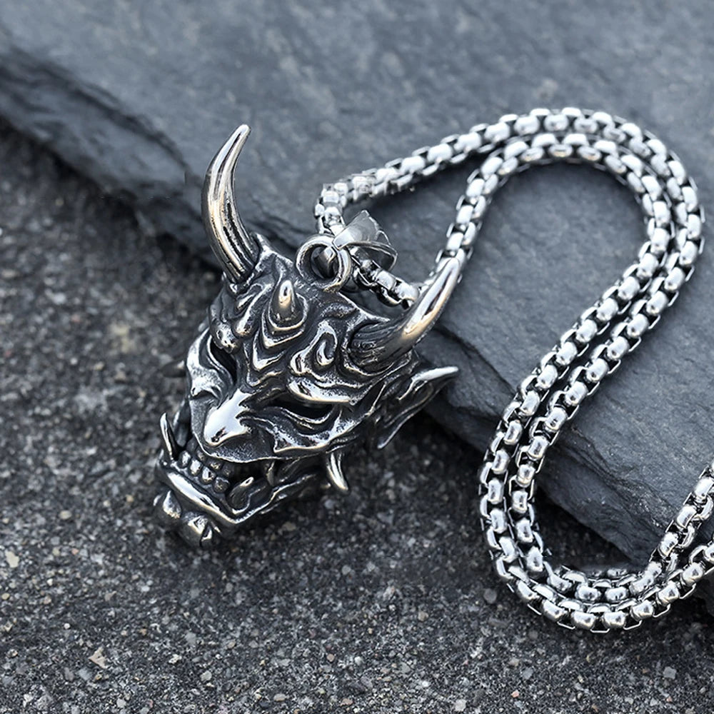Long Horn Demon Mask Pendant — Stainless Steel