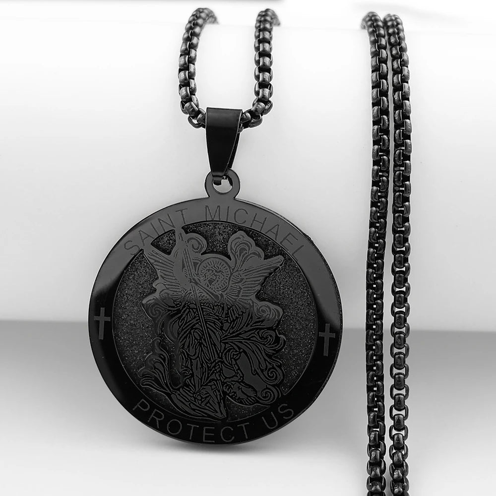 Archangel St.Michael Protect Us Cross Medal Pendant Necklace Stainless Steel Christian Saint Michael Chain Amulet Jewelry Gift